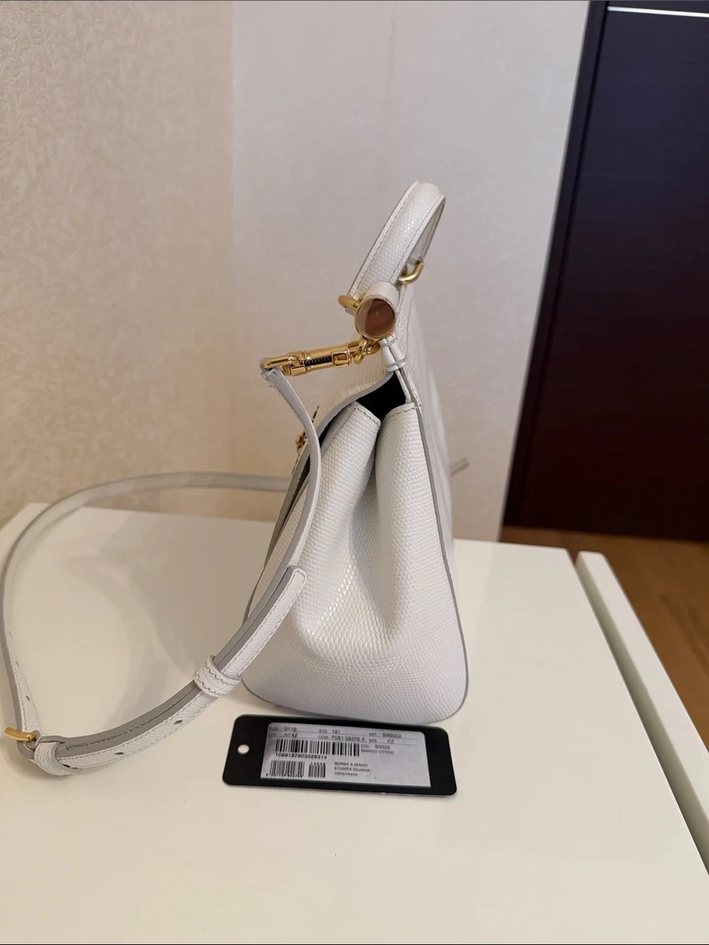 Dolce & Gabbana White Textured Satchel with Jeweled DG Logo